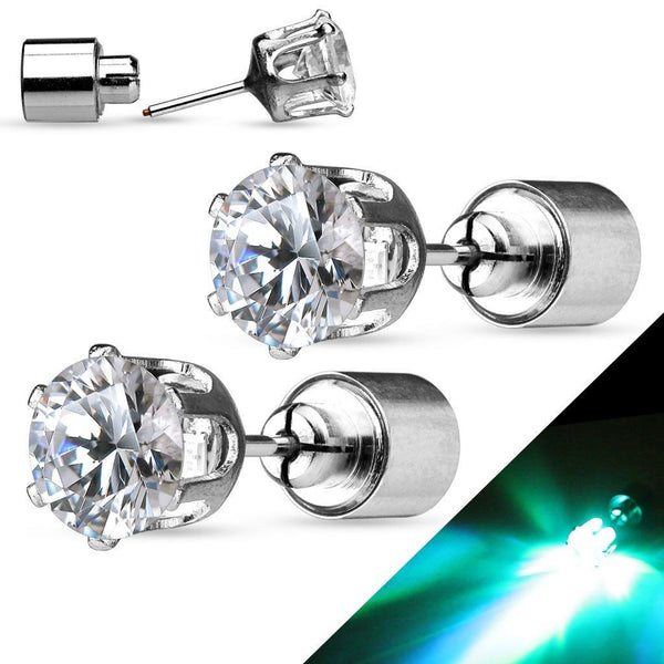 Round CZ Post Stud Earrings with Blinking LEDs. Stainless Steel