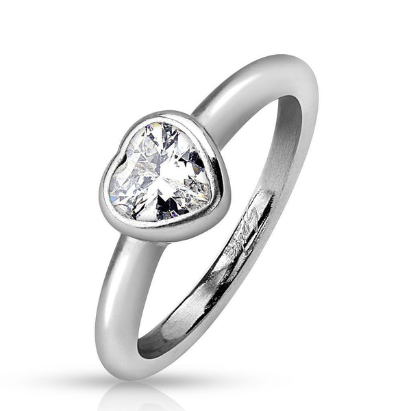 Minimalist modern design in a beautiful heart ring with heart solitaire. Wholesale stainless steel rings.