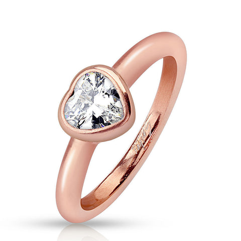 Delightful Rose Gold Plated Heart Ring with Heart Shaped CZ Solitaire. Wholesale stainless steel rings.