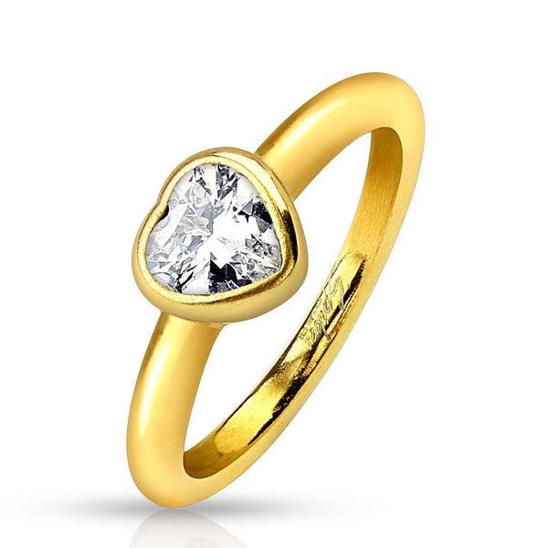 14K Gold Plated Heart Ring with Heart Shaped CZ Solitaire. Wholesale stainless steel rings.