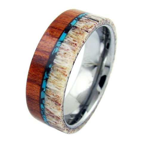 Amazing Tungsten Flat Band Ring with Awesome Raw Edge Tan Deer Antler, Sandalwood, and Blue Turquoise Overlays on Silver Comfort Fit Inner Band.