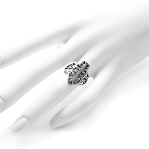 Beautiful and ornate cross ring with scroll art embellishments. Wholesale Sterling Silver Rings. On mannequin photo.