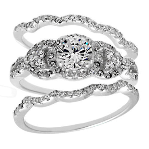 1.68 Carat CZ Engagement Ring 3-Piece Wedding Band Set in Sterling Silver.