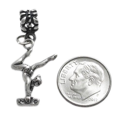 Gymnast on Balance Beam Charm with Euro Bead. Sterling Silver