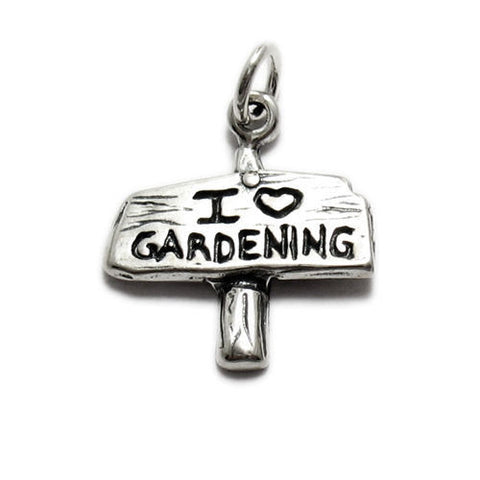 "I Love ❤ Gardening" Sign Post Charm. Sterling Silver
