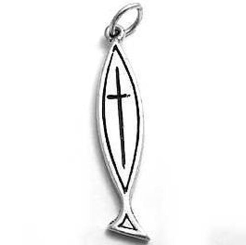 Christian Fish (ΙΧΘΥΣ) Charm with Etched Cross in Sterling Silver
