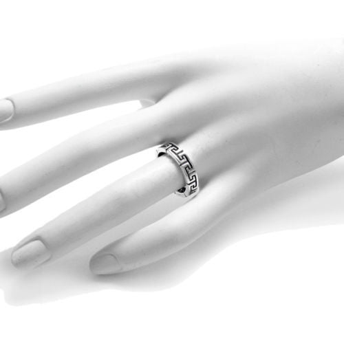 Beautiful sterling silver band style ring with a Greek Key motif. Wholesale Sterling Silver Rings. On Mannequin.