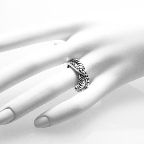 Crossover ring with two distinct bands, one beaded, one shrimp. Wholesale Sterling Silver Rings. On hand.