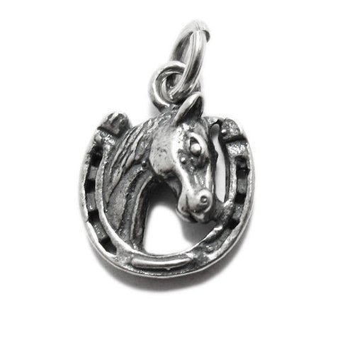 Horse's Head in Horseshoe Charm in Sterling Silver.