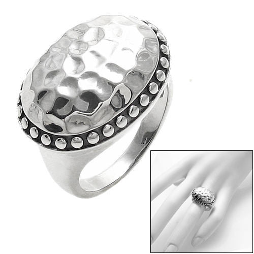 Wide Oval Button Ring in Hammered Finish with Beaded Border. Wholesale Sterling Silver Rings. Combo photo.
