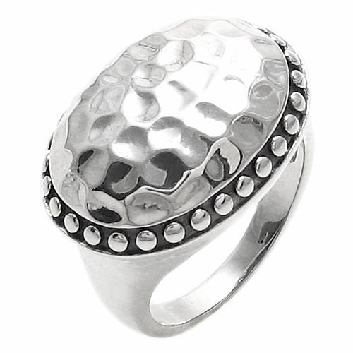 Wide Oval Button Ring in Hammered Finish with Beaded Border. Wholesale Sterling Silver Rings. Diagonal photo.