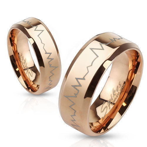 Ravishing Rose Gold Ion Plated Stainless Steel Band Ring with Laser Etched Heartbeat. Couple Ring.
