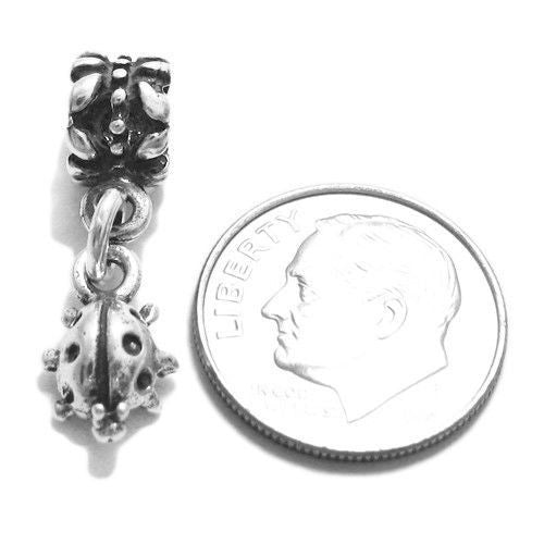 Ladybug Euro Bead Charm in 3D. Sterling Silver.