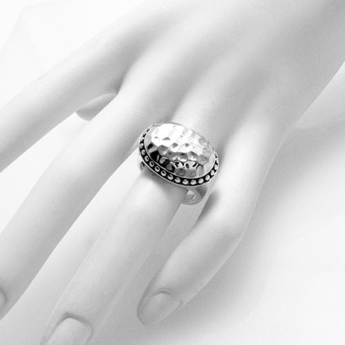 Wide Oval Button Ring in Hammered Finish with Beaded Border. Wholesale Sterling Silver Rings. On hand.