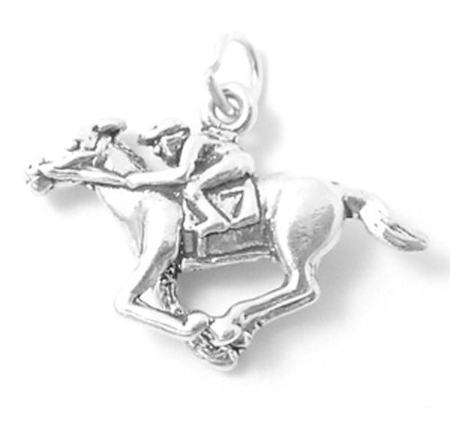 Horse & Jockey Charm in 3D. Sterling Silver