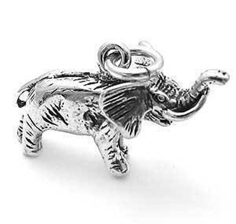 Elephant with Raised Trunk Charm in 3D Sterling Silver.