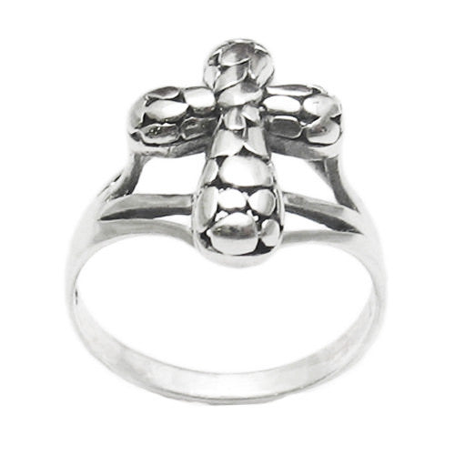 Striking cross ring of pebbles in a polished finish. Wholesale Sterling Silver Rings. Main photo.