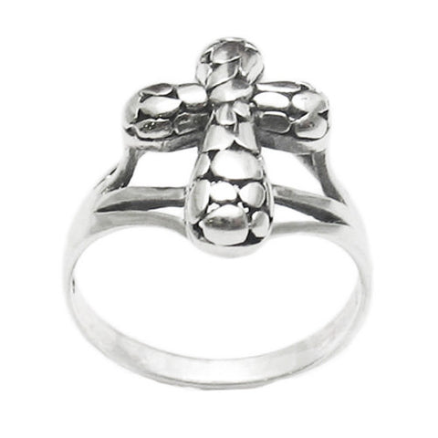 Striking cross ring of pebbles in a polished finish. Wholesale Sterling Silver Rings. Main photo.