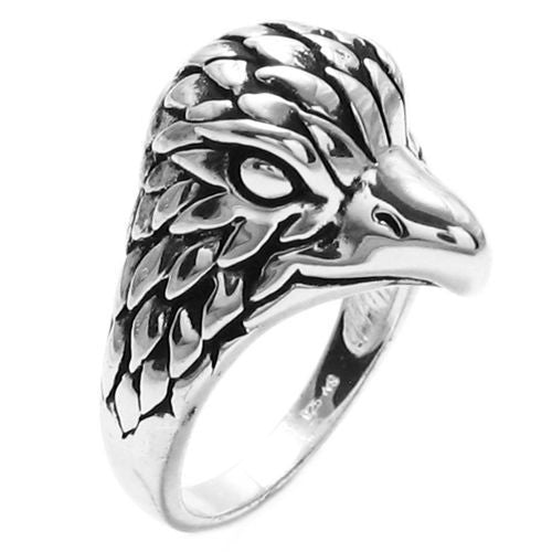 Fierce eagle's head ring with penetrating gaze. Wholesale sterling silver rings. Main photo.