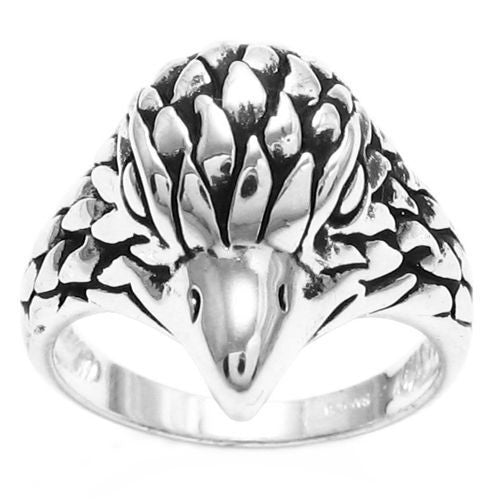 Fierce eagle's head ring with penetrating gaze. Wholesale sterling silver rings. Front view.