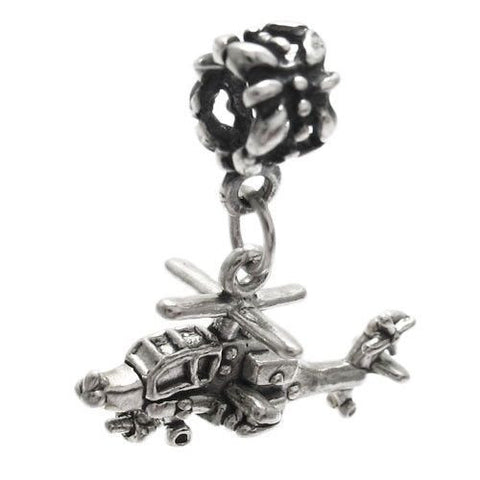 Apache Helicopter Charm in 3D with Euro Bead. Sterling Silver