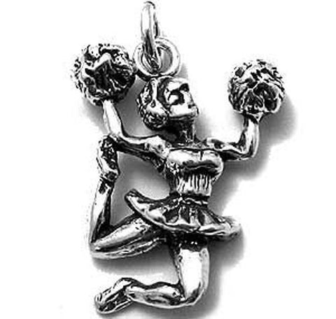 Retro Cheerleader w/ Pom Poms Charm in Sterling Silver