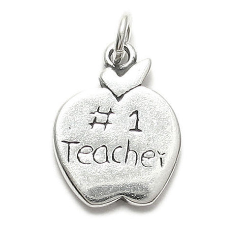"#1 Teacher" Written on Apple in Kid's Writing. Sterling Silver Charm