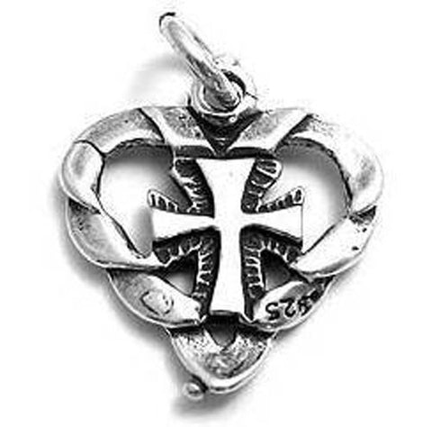 Cross in a Heart Charm in Sterling Silver