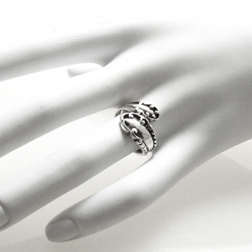 Spoon wrap ring with beaded edges with scroll accents. Wholesale Sterling Silver Rings. On hand.