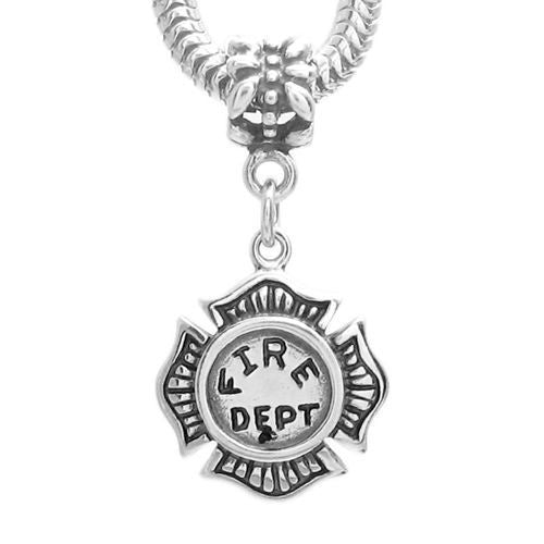 Firefighter's Maltese Cross Badge Charm with Euro Bead. Sterling Silver