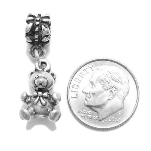 Teddy Bear Charm in 3D with Euro Bead. Sterling Silver