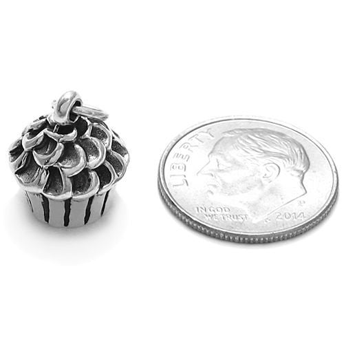 Cupcake with Icing Charm in 3D. Sterling Silver