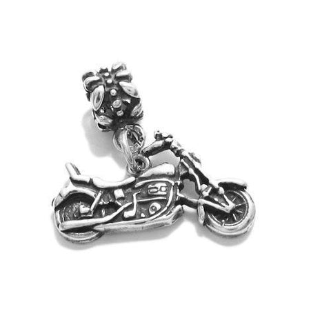 Cruiser Motorcycle Charm with Euro Bead. Sterling Silver