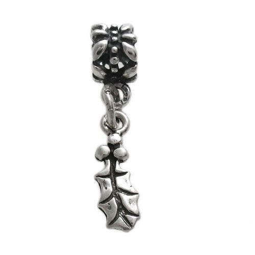 Holly Leaf Charm with Euro Bead. Sterling Silver