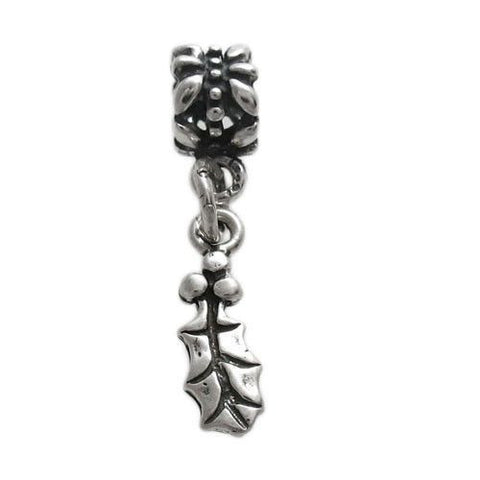 Holly Leaf Charm with Euro Bead. Sterling Silver