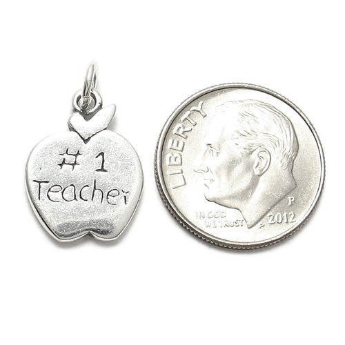 "#1 Teacher" Written on Apple in Kid's Writing. Sterling Silver Charm