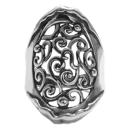 Large oval framed scrolled Victorian filigree ring. Wholesale Sterling Silver Rings. Top view.