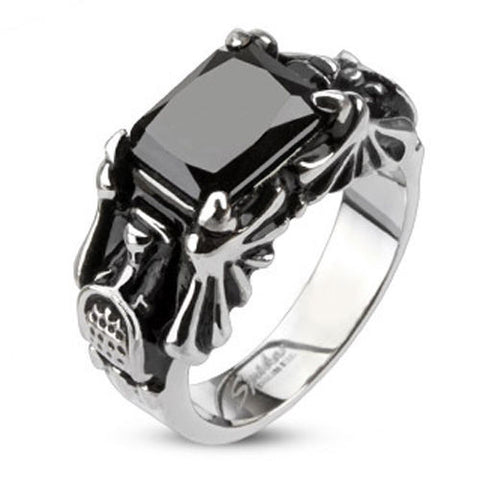 Stunning ring with large black faceted CZ adorned in gothic design. Wholesale Stainless Steel Ring
