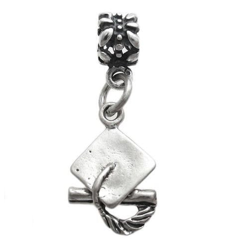 Graduation Cap Charm in 3D with Euro Bead. Sterling Silver
