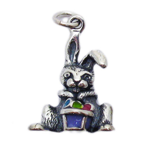 Easter Bunny with Enamel Colored Eggs. Charm in Sterling Silver