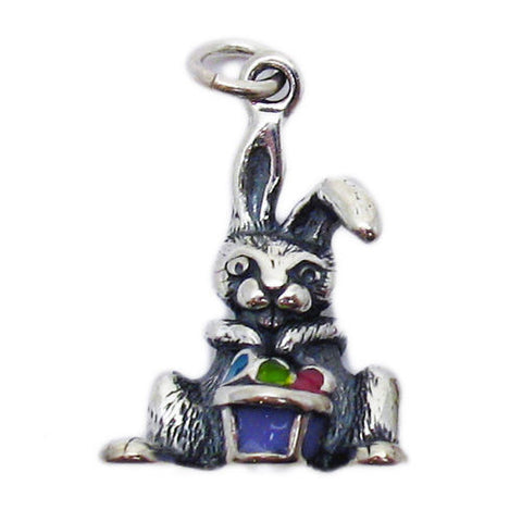 Easter Bunny with Enamel Colored Eggs. Charm in Sterling Silver