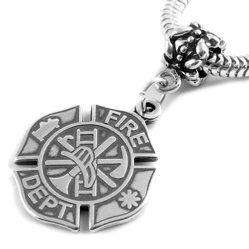 Firefighter's Crescent Maltese Cross Charm with Euro Bead. Sterling Silver