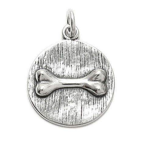 Dog Bone on a Plaque Charm in 3D. Sterling Silver.