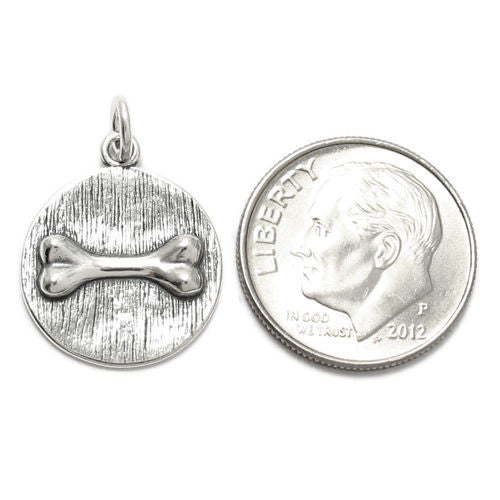 Dog Bone on a Plaque Charm in 3D. Sterling Silver.