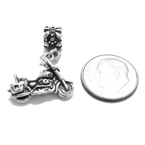 American Motorcycle Charm in 3D with Euro Bead. Sterling Silver