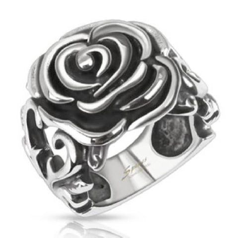 Rose in Bloom with Heart Shaped Vines Ring. Wholesale Stainless Steel Rings. Main photo.