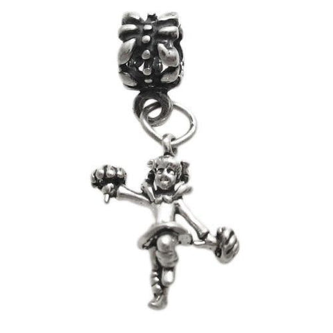 Cheerleader in Pigtails w/ Pom Poms on Euro Bead. 3D Sterling Silver