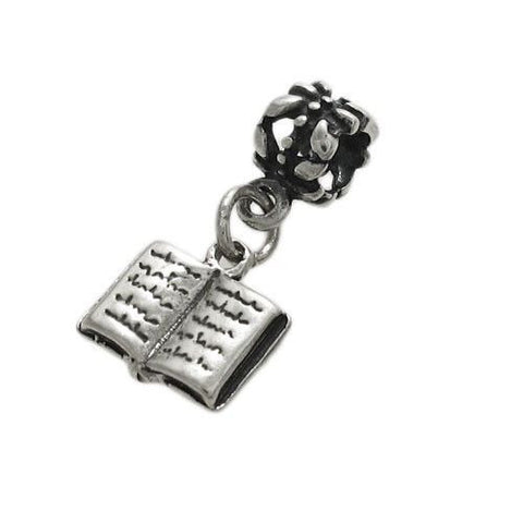 Open Book Charm in 3D with Euro Bead. Sterling Silver