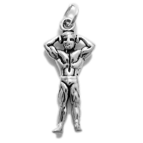 Male Bodybuilder in Biceps Pose Charm in 3D. Sterling Silver
