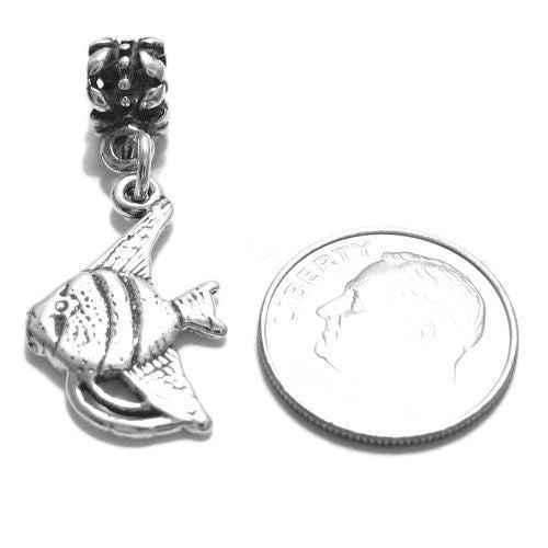 Tropical Fish Charm in 3D with Euro Bead. Sterling Silver